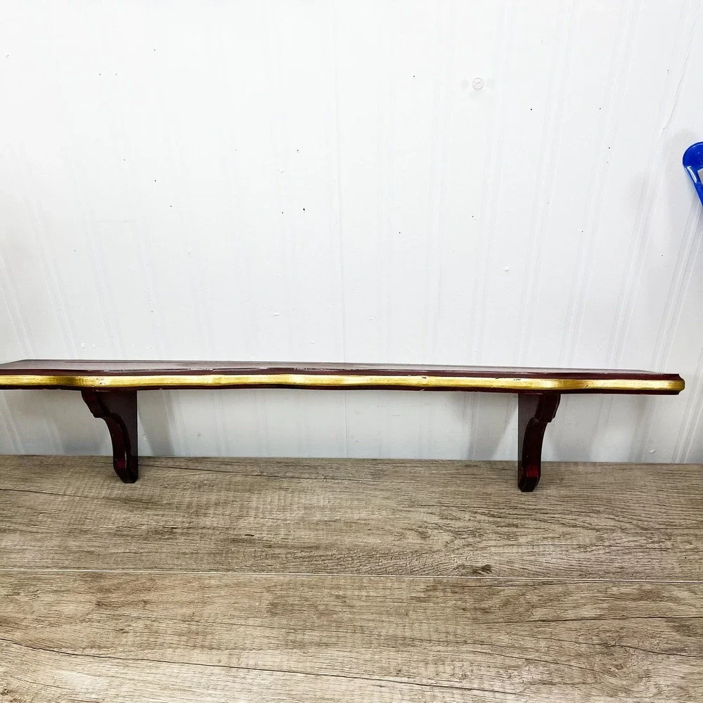 Vintage Maroon and Gold Wooden Plate Shelf - Vintage Wood Curio